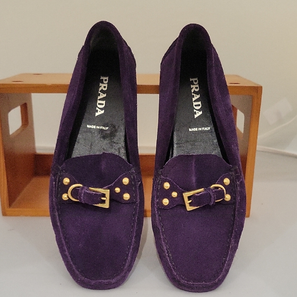 Prada Purple Suede Loafers with Gold Hardware